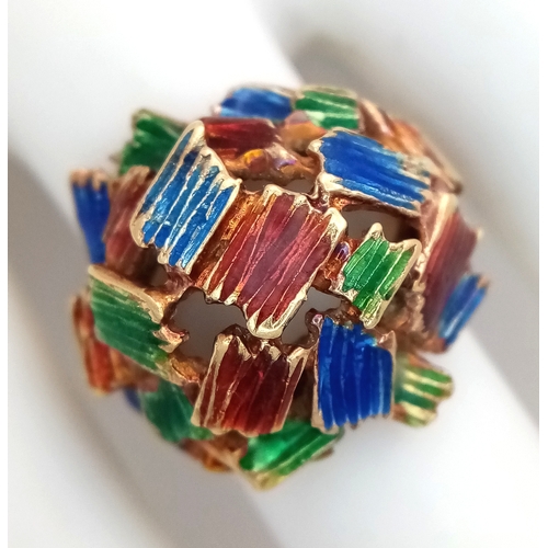 10 - A 14K Abstract Enamel Cluster Ring. Textured colourful design. Size K. 8.8g.