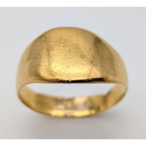 53 - An 18K Yellow Gold (tests as) Signet Ring. Band is slightly misshapen so as found. Size T. 5.4g