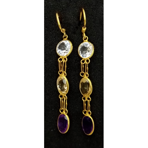 715 - A Pair of 10K Yellow Gold Semi-Precious Stone Drop Earrings. 32mm drop. 1.23g total weight. Comes wi... 
