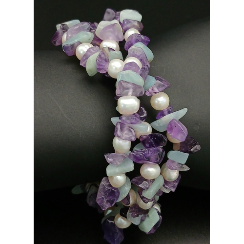 205 - A Lovely Multi-Strand Amethyst, Aventurine and Freshwater Pearl Bracelet. Approx 16cm in length. Ple... 