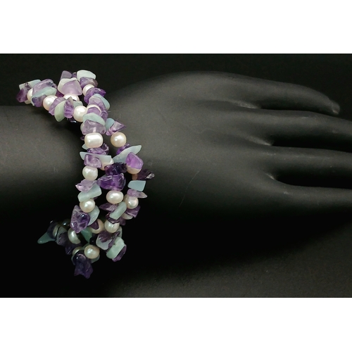 205 - A Lovely Multi-Strand Amethyst, Aventurine and Freshwater Pearl Bracelet. Approx 16cm in length. Ple... 