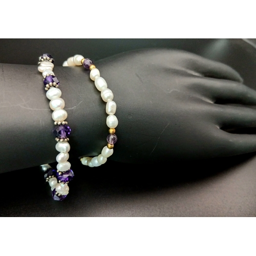 233 - A Pair of Purple Bead and Freshwater Pearl Bracelets. Approx 17cm and 14cm in length. Please see pho... 