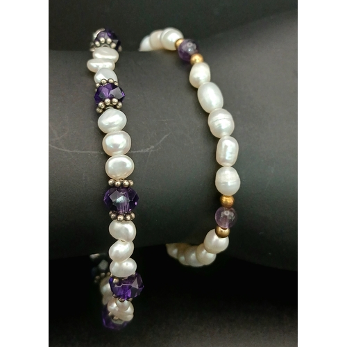 233 - A Pair of Purple Bead and Freshwater Pearl Bracelets. Approx 17cm and 14cm in length. Please see pho... 