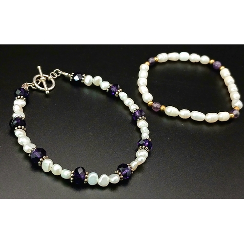 233 - A Pair of Purple Bead and Freshwater Pearl Bracelets. Approx 17cm and 14cm in length. Please see pho... 