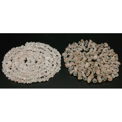 332 - 2x Pretty Rose Quartz Chip Bead Necklaces. Approx 92cm and 82cm in length. Please see photos for det... 