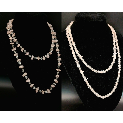 332 - 2x Pretty Rose Quartz Chip Bead Necklaces. Approx 92cm and 82cm in length. Please see photos for det... 