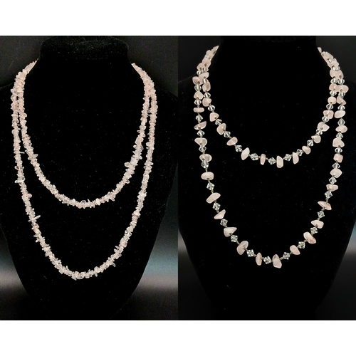 332 - 2x Pretty Rose Quartz Chip Bead Necklaces. Approx 92cm and 82cm in length. Please see photos for det... 