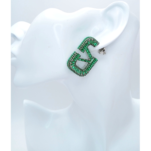 108 - A Pair of Valentino Garavani VLogo Signature Crystal-Embellished Drop Earrings. Metal and green crys... 