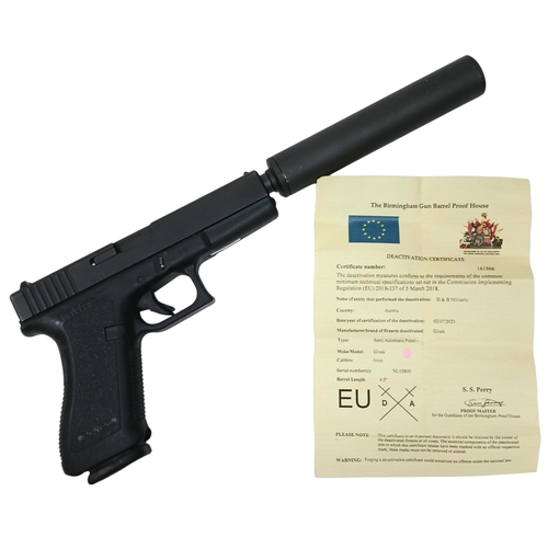 90 - A Deactivated Austrian Glock 17 Semi Automatic Pistol with Silencer. 9mm calibre with a 4.5 inch bar... 