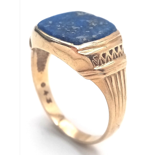 182 - Vintage 9 CARAT GOLD and LAPIS LAZULI SIGNET RING. Beautiful Corinthian Design to Sides with ‘STARRY... 