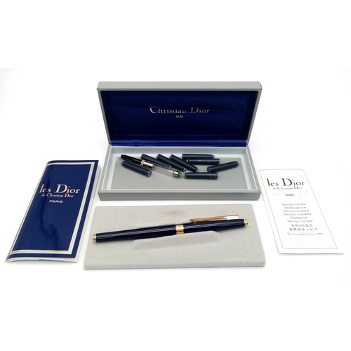 1245 - A Very Stylish Christian Dior Blue Lacquer and Gold Tone Fountain Pen 15cm Length. Complete with Box... 