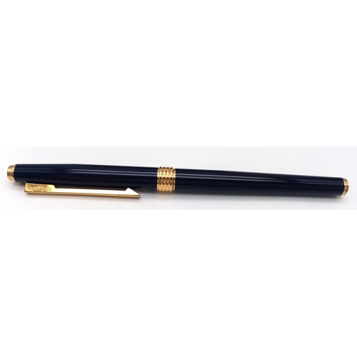 1245 - A Very Stylish Christian Dior Blue Lacquer and Gold Tone Fountain Pen 15cm Length. Complete with Box... 