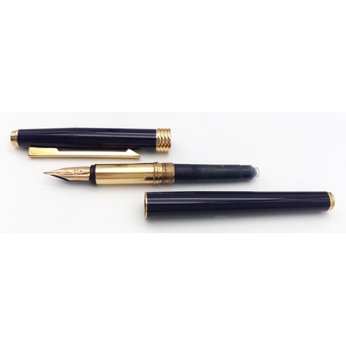 1245 - A Very Stylish Christian Dior Blue Lacquer and Gold Tone Fountain Pen 15cm Length. Complete with Box... 