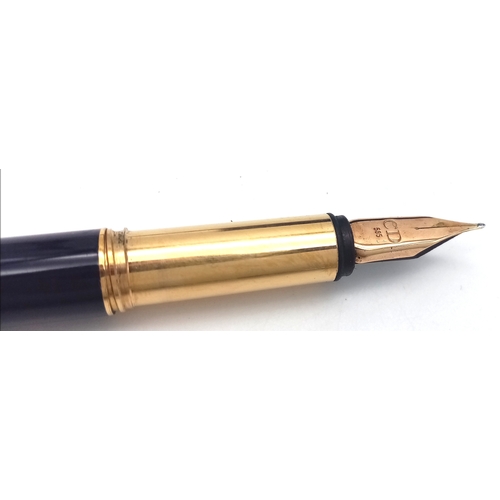 1245 - A Very Stylish Christian Dior Blue Lacquer and Gold Tone Fountain Pen 15cm Length. Complete with Box... 