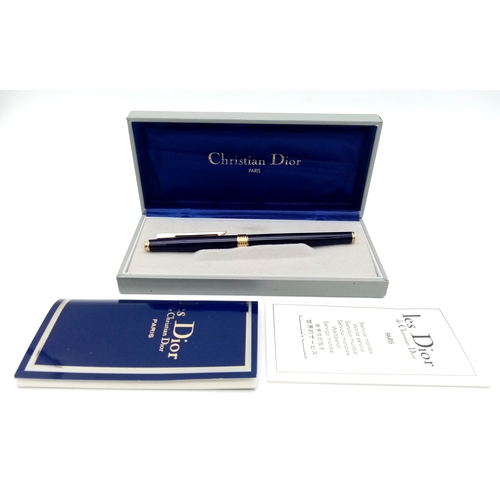 1245 - A Very Stylish Christian Dior Blue Lacquer and Gold Tone Fountain Pen 15cm Length. Complete with Box... 