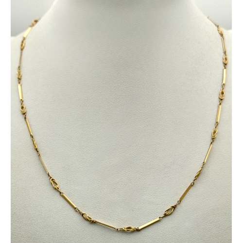 1252 - A Very Elegant Vintage 15K Yellow Gold Bar and Link Necklace- 44cm Length. 3.11 Grams.
