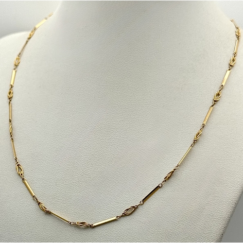 1252 - A Very Elegant Vintage 15K Yellow Gold Bar and Link Necklace- 44cm Length. 3.11 Grams.