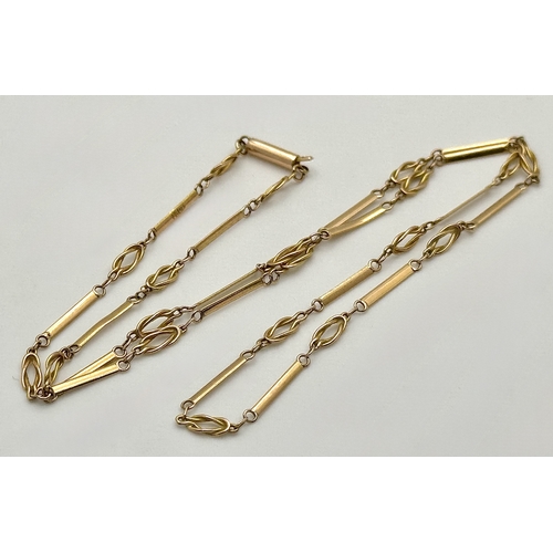 1252 - A Very Elegant Vintage 15K Yellow Gold Bar and Link Necklace- 44cm Length. 3.11 Grams.