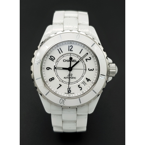 107 - A Chanel J12 Automatic Ceramic Ladies Watch. White ceramic bracelet and case - 38mm. Opaque white di... 