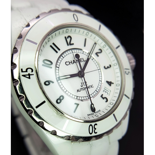 107 - A Chanel J12 Automatic Ceramic Ladies Watch. White ceramic bracelet and case - 38mm. Opaque white di... 