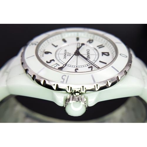 107 - A Chanel J12 Automatic Ceramic Ladies Watch. White ceramic bracelet and case - 38mm. Opaque white di... 