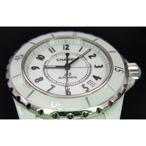 107 - A Chanel J12 Automatic Ceramic Ladies Watch. White ceramic bracelet and case - 38mm. Opaque white di... 