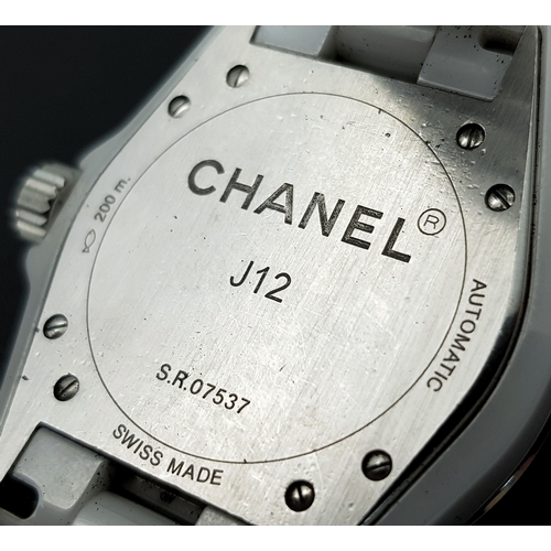 107 - A Chanel J12 Automatic Ceramic Ladies Watch. White ceramic bracelet and case - 38mm. Opaque white di... 