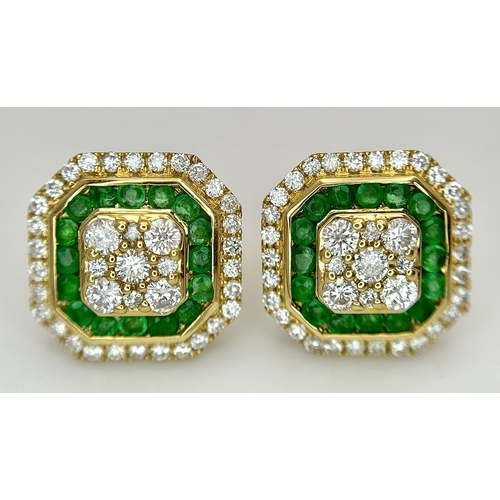 1228 - A Stunning Pair of 18K Gold, Emerald and Diamond Cocktail Earrings. Hexagonal shape, 12 x 12mm. 0.56... 