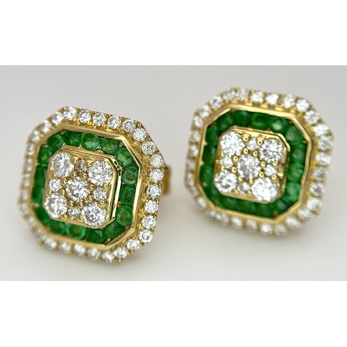 1228 - A Stunning Pair of 18K Gold, Emerald and Diamond Cocktail Earrings. Hexagonal shape, 12 x 12mm. 0.56... 