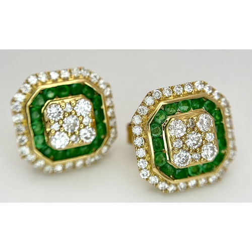 1228 - A Stunning Pair of 18K Gold, Emerald and Diamond Cocktail Earrings. Hexagonal shape, 12 x 12mm. 0.56... 
