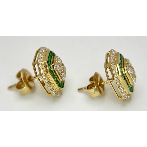 1228 - A Stunning Pair of 18K Gold, Emerald and Diamond Cocktail Earrings. Hexagonal shape, 12 x 12mm. 0.56... 