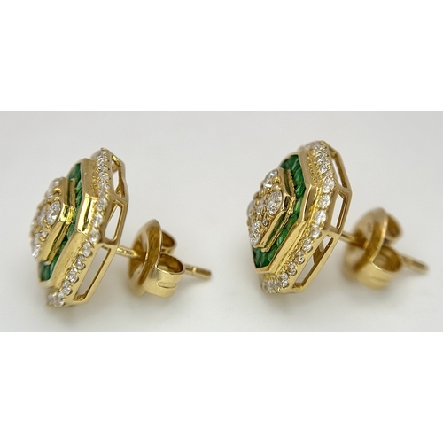 1228 - A Stunning Pair of 18K Gold, Emerald and Diamond Cocktail Earrings. Hexagonal shape, 12 x 12mm. 0.56... 
