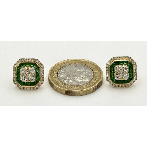 1228 - A Stunning Pair of 18K Gold, Emerald and Diamond Cocktail Earrings. Hexagonal shape, 12 x 12mm. 0.56... 