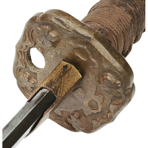 13 - WW2 Japanese Officers Katana-Shin Gunto Sword. A shortened Katana Blade with a marked tang set with ... 