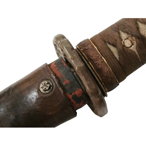13 - WW2 Japanese Officers Katana-Shin Gunto Sword. A shortened Katana Blade with a marked tang set with ... 
