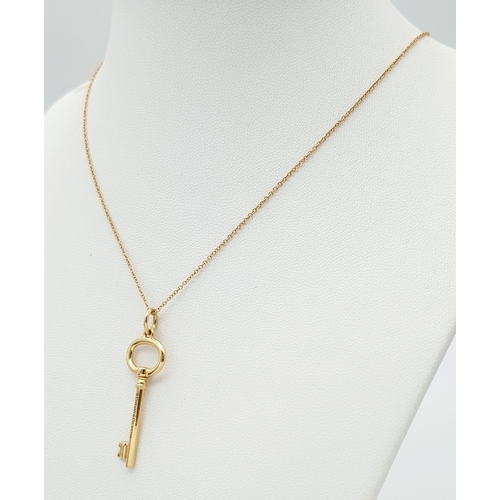 15 - A TIFFANY AND CO, 18K ROSE GOLD, KEY DESIGN PENDANT ON CHAIN NECKLACE. 4.4G. SC 8042