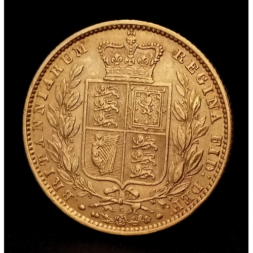 54 - AN 1869, QUEEN VICTORIA, YOUNG HEAD, SHIELD BACK, FULL SOVEREIGN COIN. 22K GOLD. 9883