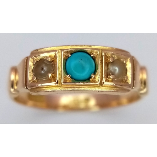 57 - AN 18K YELLOW GOLD, ANTIQUE, PEARL AND TURQUOISE SET RING. 2.6G, SIZE I. HALLMARKED BIRMINGHAM 1908.... 
