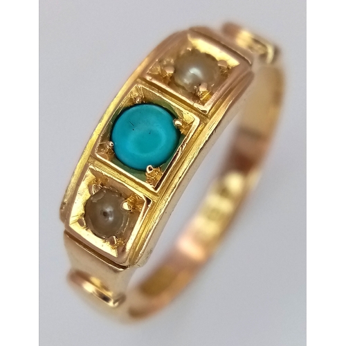 57 - AN 18K YELLOW GOLD, ANTIQUE, PEARL AND TURQUOISE SET RING. 2.6G, SIZE I. HALLMARKED BIRMINGHAM 1908.... 