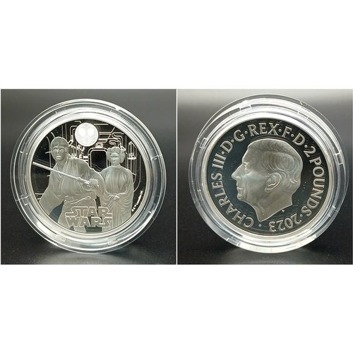 638 - A Royal Mint 1oz Fine Silver (.999) Star Wars Proof £2 Coin - Luke Skywalker and Princess Leia. Limi... 