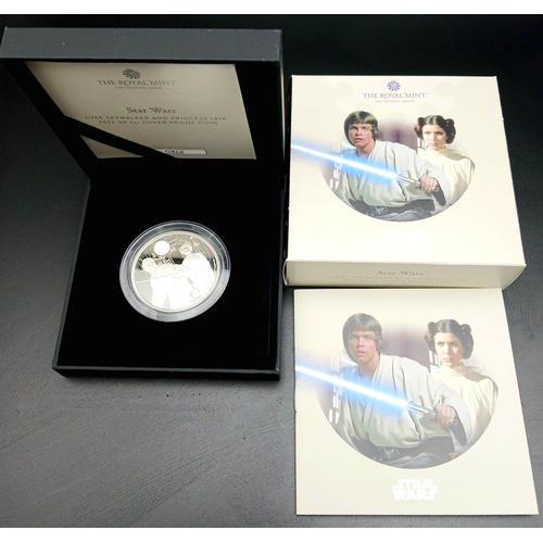 638 - A Royal Mint 1oz Fine Silver (.999) Star Wars Proof £2 Coin - Luke Skywalker and Princess Leia. Limi... 