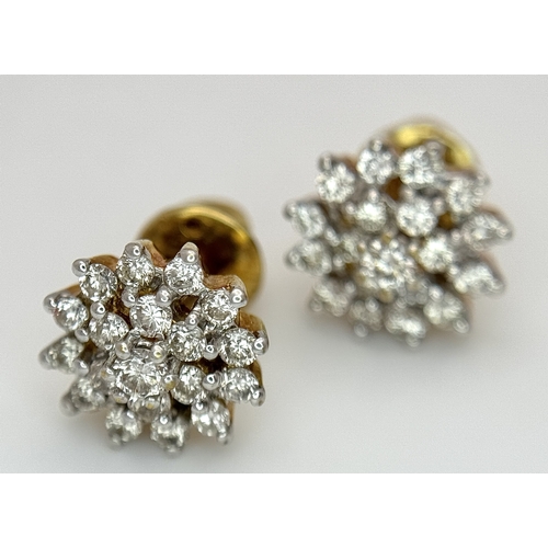 64 - A PAIR OF, 18K YELLOW GOLD, DIAMOND SET, CLUSTER STID EARRINGS. 0.50 CTW. 4.4G. SC 8050