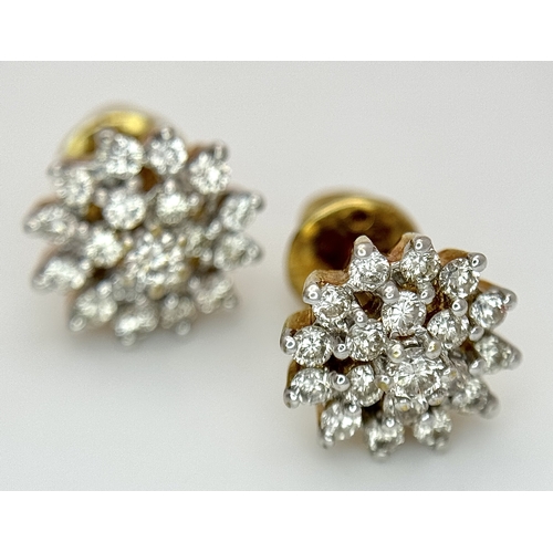 64 - A PAIR OF, 18K YELLOW GOLD, DIAMOND SET, CLUSTER STID EARRINGS. 0.50 CTW. 4.4G. SC 8050