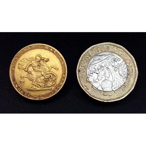 82 - AN 1820, KING GEORGE III, LAUREATE HEAD, SHIELD BACK, FULL SOVEREIGN COIN. 22k GOLD. 10050. VF+