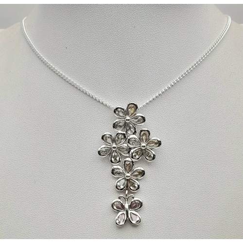 1204 - A Pretty Sterling Silver Pink and White Diamonique Cubic Zirconia Pendant Necklace. 46cm Length Chai... 
