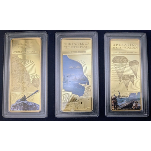 709 - A Collection of Ten Gold Plated Ingots - Commemorative WW2 Battles. Comes with COA and case.