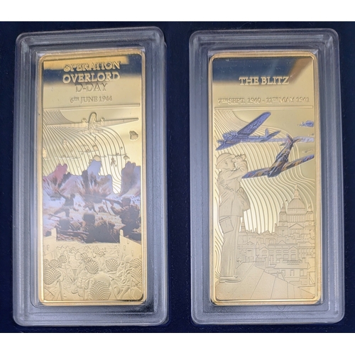 709 - A Collection of Ten Gold Plated Ingots - Commemorative WW2 Battles. Comes with COA and case.