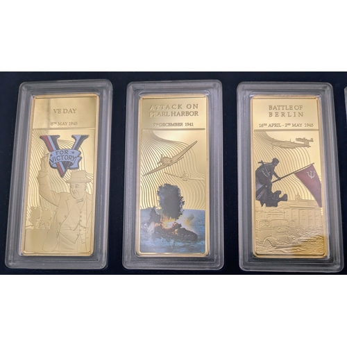 709 - A Collection of Ten Gold Plated Ingots - Commemorative WW2 Battles. Comes with COA and case.