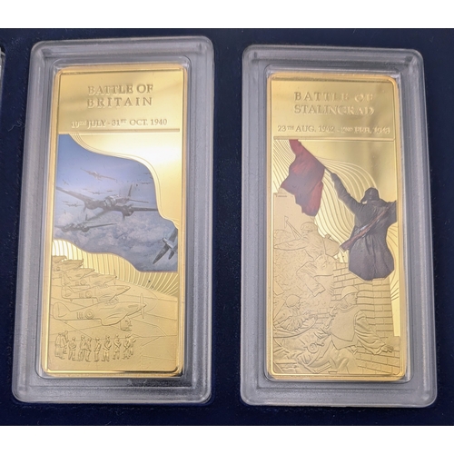 709 - A Collection of Ten Gold Plated Ingots - Commemorative WW2 Battles. Comes with COA and case.