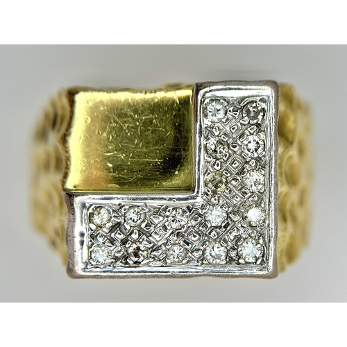 11 - A Statement 18K Yellow Gold and Diamond Gents Signet Ring. Dimple effect band with an 'L' shaped dia... 